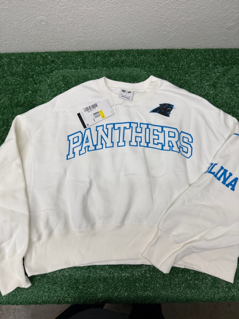 Nike White Panthers Crewneck Sweatshirt with Blue Lettering